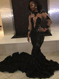 Black Lace Mermaid High Neck Floor-Length Evening Dress with Illusion Back