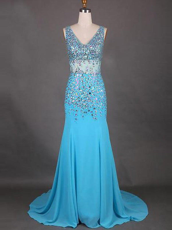 Vestidos de corte trompeta/sirena sin mangas, escote en V, de gasa con abalorios y cola larga