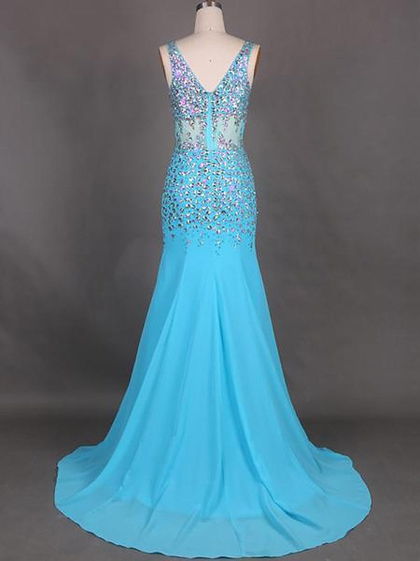 Abiti a sirena/tromba senza maniche, scollo a V, in chiffon con perline e strascico a ruota