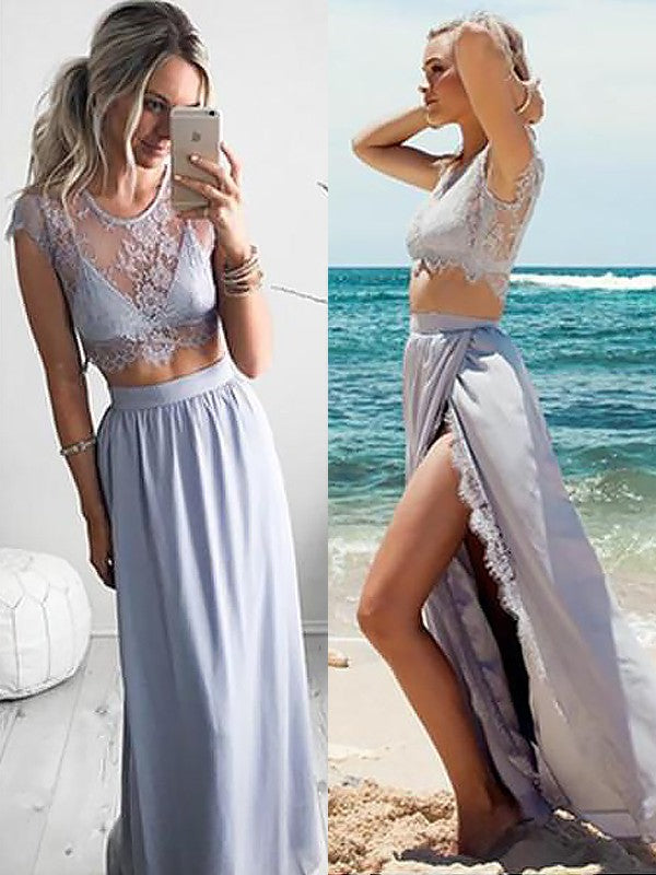 Lavender Lace & Chiffon A-Line Floor-Length Bridesmaid Dress with Crop Top & High Slit