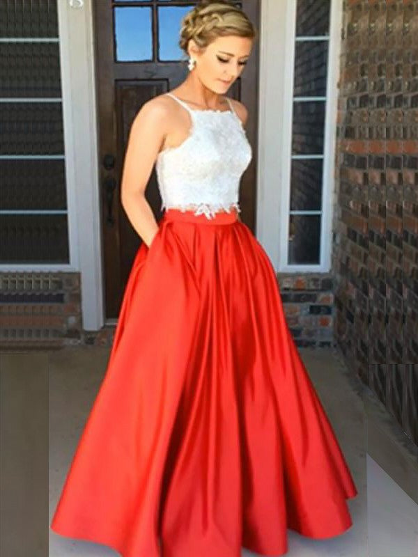 Red Two-Piece Lace & Satin A-Line Floor-Length Evening Dress
