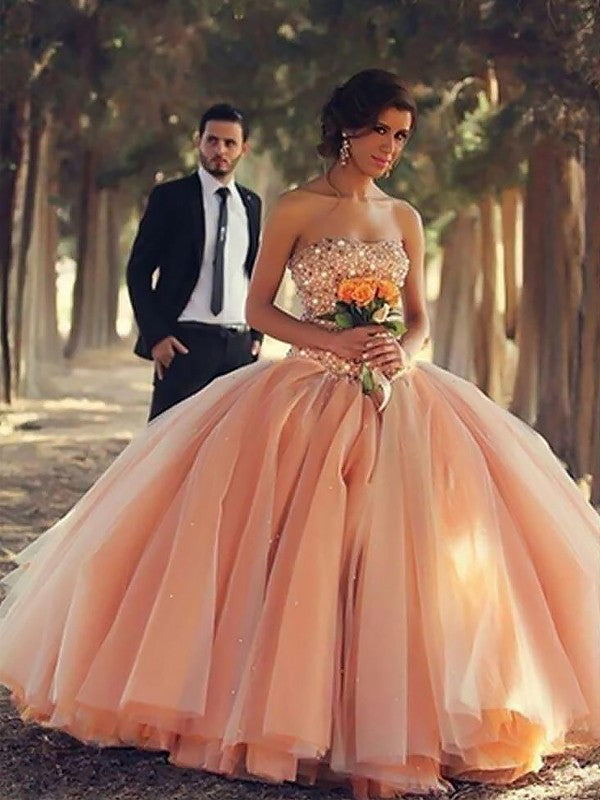 Coral Sequin Tulle Ball Gown Floor-Length with Sweetheart Neckline and Back Zip