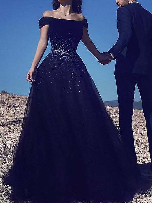 Black Satin A-Line Off-the-Shoulder Floor-Length Dress with Scattered Embellishments