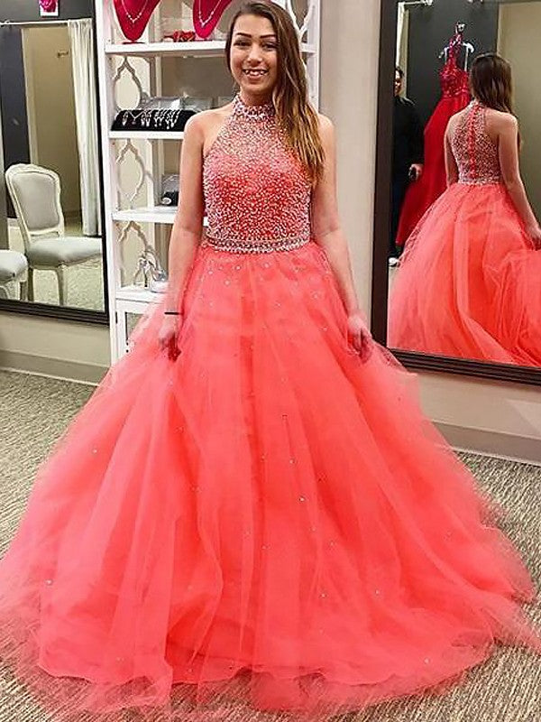 Coral Halter Neckline A-Line Tulle Floor-Length Evening Dress