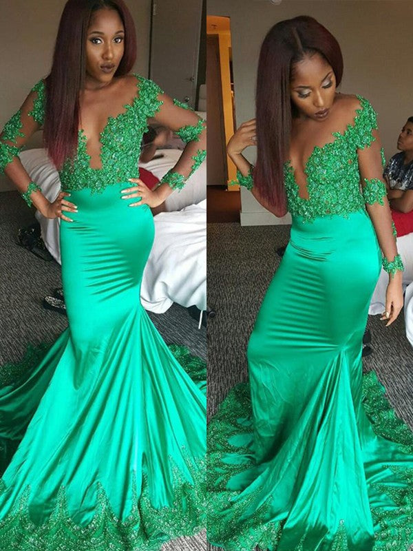 Emerald Satin Mermaid Floor-Length Dress with Illusion Deep V-Neck and Lace Appliques