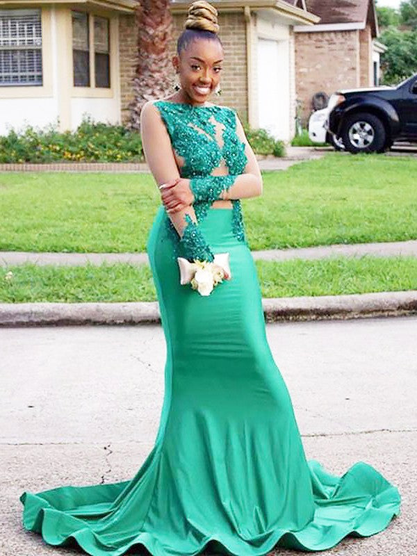 Trumpet/Mermaid Sleeveless Bateau Silk Like Satin Sweep/Brush Train Dresses