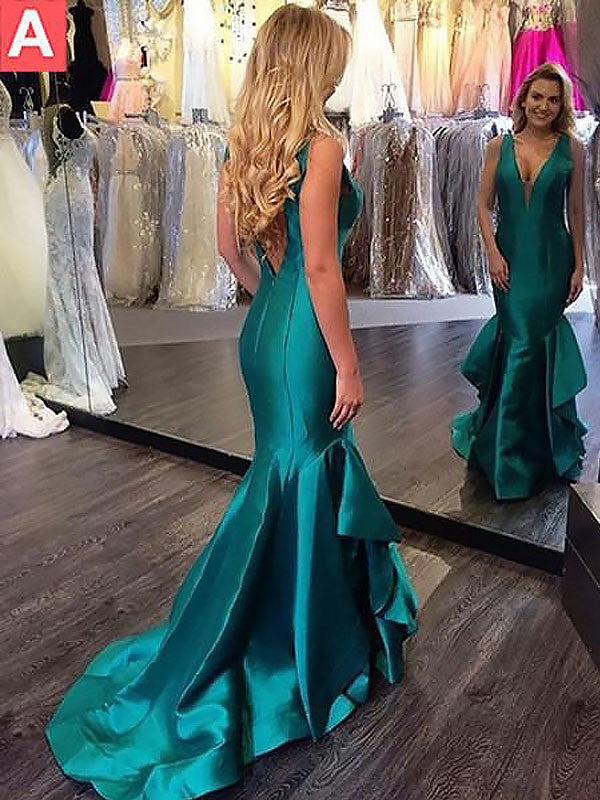 Emerald Satin Mermaid Floor-Length Evening Dress with Plunging V-Neck