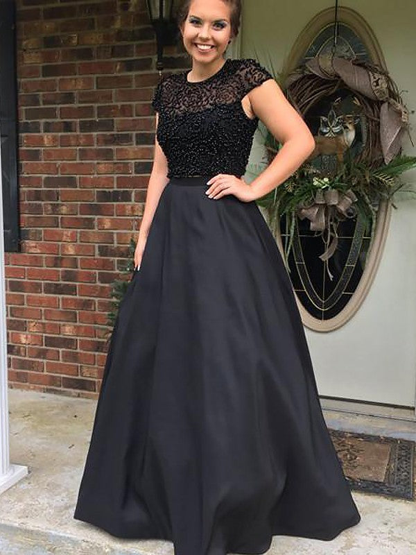 Black Beaded High Neck Two-Piece A-Line Floor-Length Dress