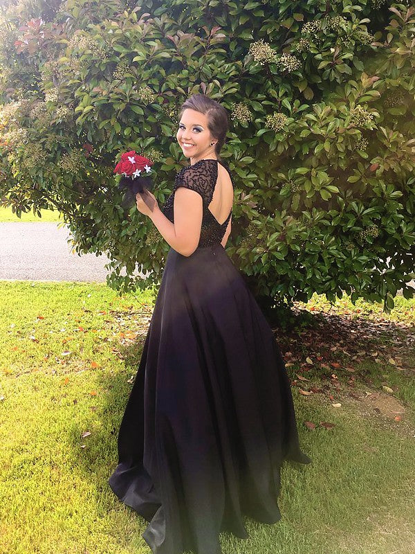 Black Beaded High Neck Two-Piece A-Line Floor-Length Dress