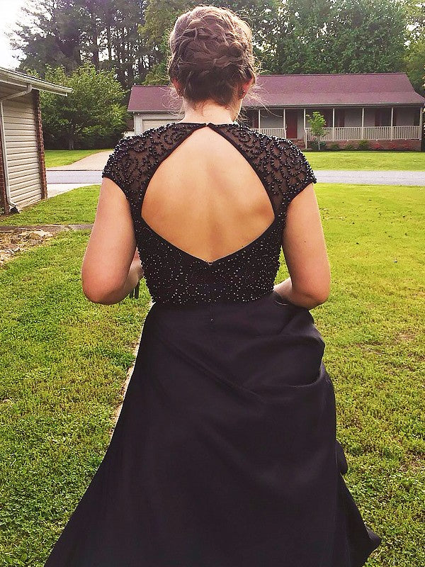Black Beaded High Neck Two-Piece A-Line Floor-Length Dress