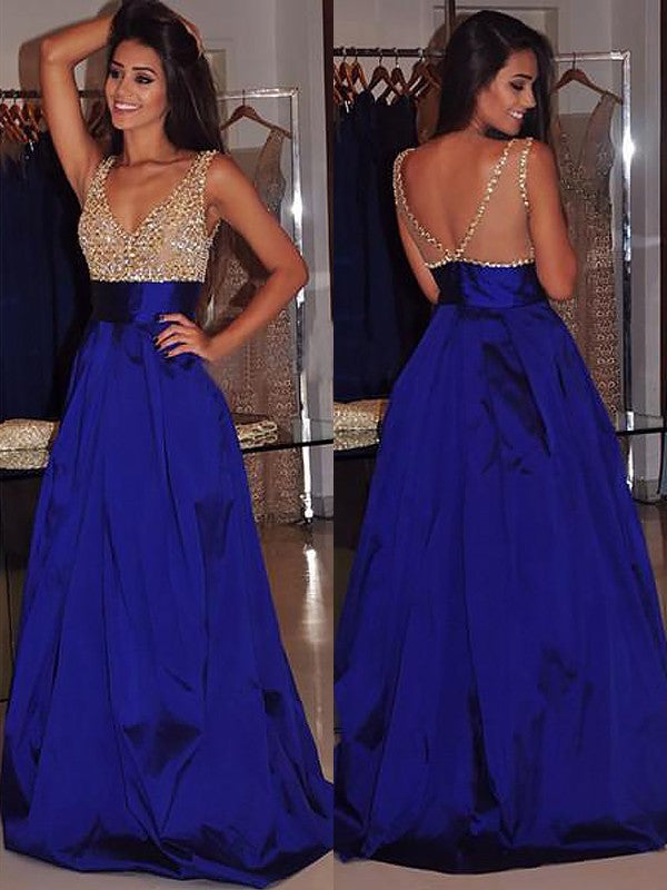 Royal Blue Satin A-Line Floor-Length Evening Dress with Sparkling V-Neck Bodice