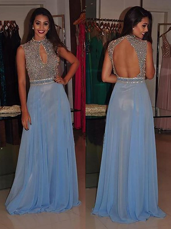 Sky Blue Sequin Chiffon A-Line High Neck Floor-Length Evening Dress with Keyhole & Backless