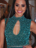 Sky Blue Sequin Chiffon A-Line High Neck Floor-Length Evening Dress with Keyhole & Backless