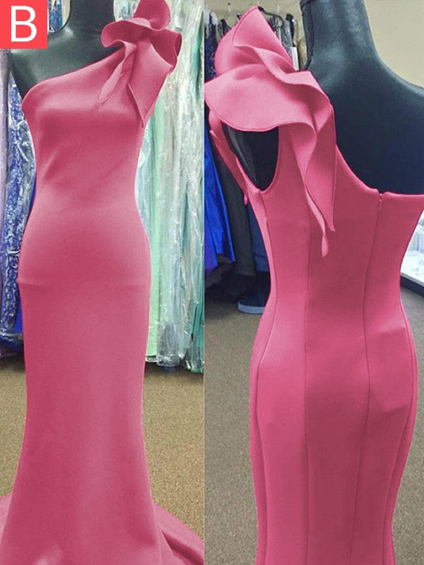 Vestidos de crepé con cola larga, corte trompeta/sirena, sin mangas, un hombro, volantes