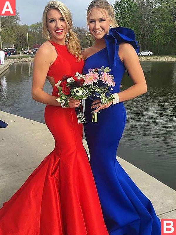 Red Satin Halter Neckline Mermaid Floor-Length Evening Dress