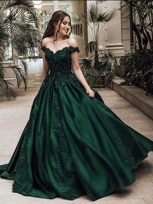 Vestidos de baile con hombros descubiertos, sin mangas, hasta el suelo, de satén y encaje