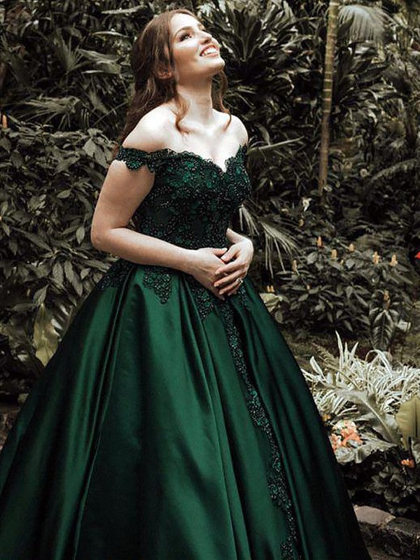 Forest Green Satin Ball Gown | Embroidered Sweetheart Off-the-Shoulder