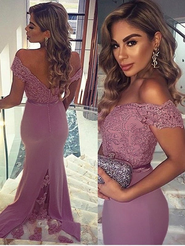 Vestidos de satén tejido con encaje, sin mangas, hombros descubiertos y corte columna hasta el suelo