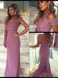 Dusty Rose Chiffon Off-the-Shoulder Sheath/column Floor-Length Bridesmaid Dress with Lace Bodice