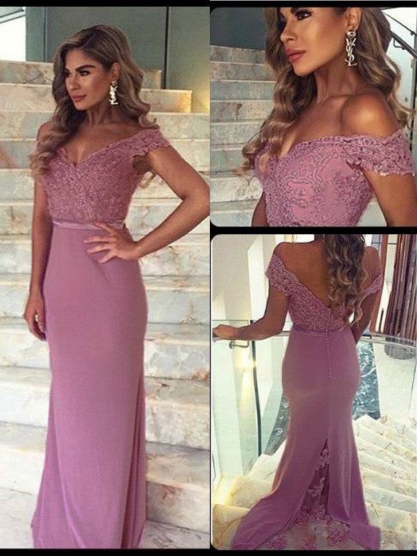Dusty Rose Chiffon Off-the-Shoulder Sheath/column Floor-Length Bridesmaid Dress with Lace Bodice