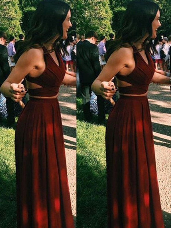 Burgundy Chiffon Two-Piece A-Line Halter Bridesmaid Dress