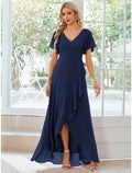 Dark Navy Chiffon A-Line Asymmetrical Bridesmaid Dress with Flutter Sleeves & V-Neck