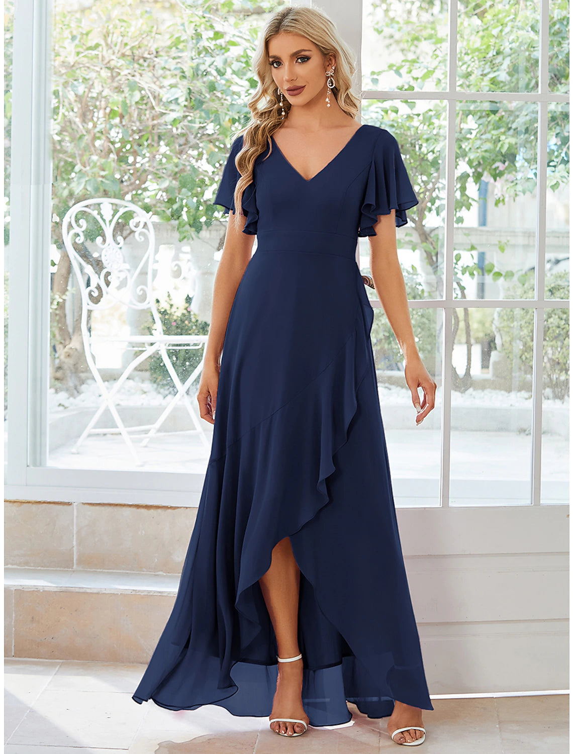 Dark Navy Chiffon A-Line Asymmetrical Bridesmaid Dress with Flutter Sleeves & V-Neck