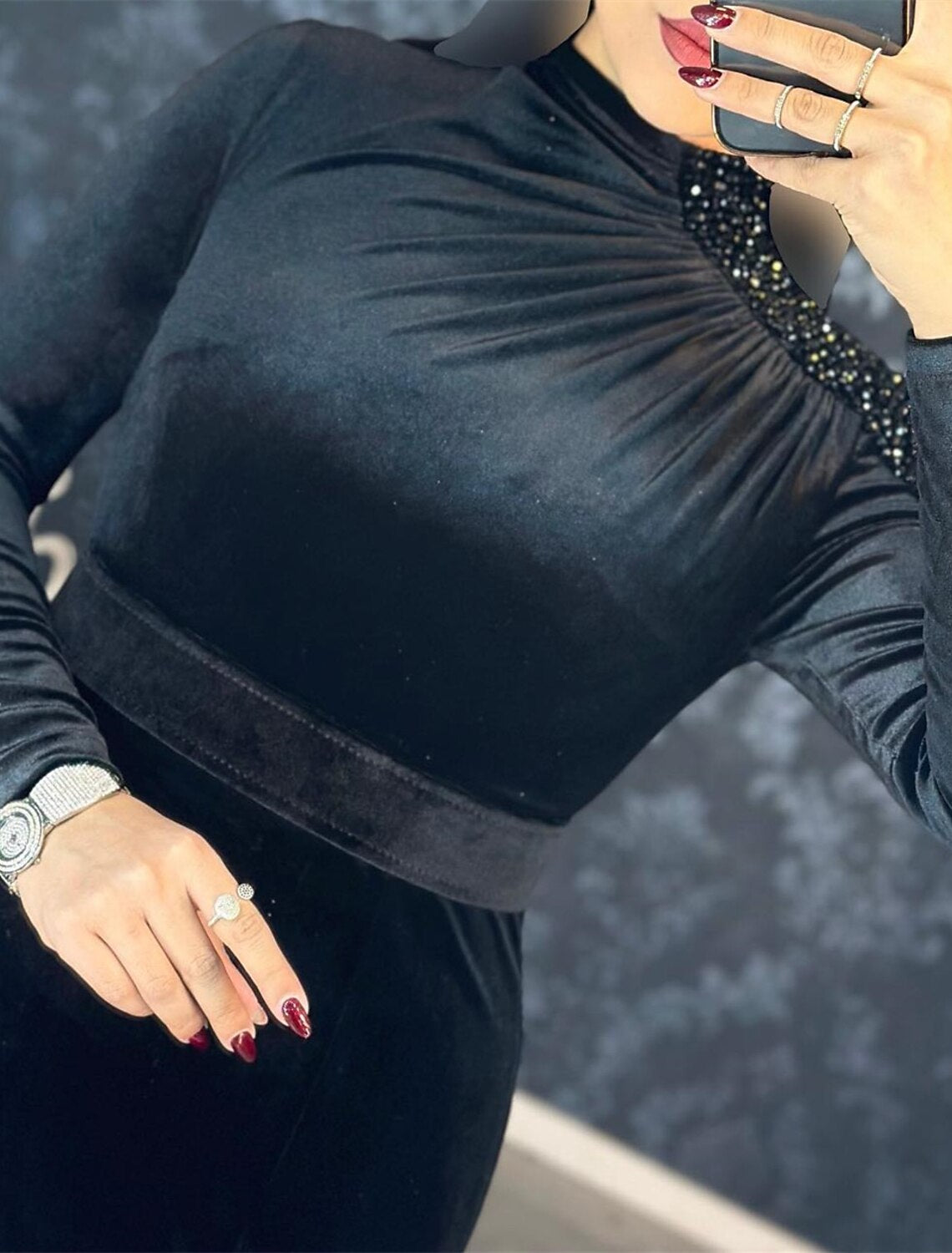 Vestido de noche de sirena/trompeta, vestido negro, vestido de invitada de boda, otoño, cola de corte, manga larga, cuello alto, terciopelo con diamantes de imitación