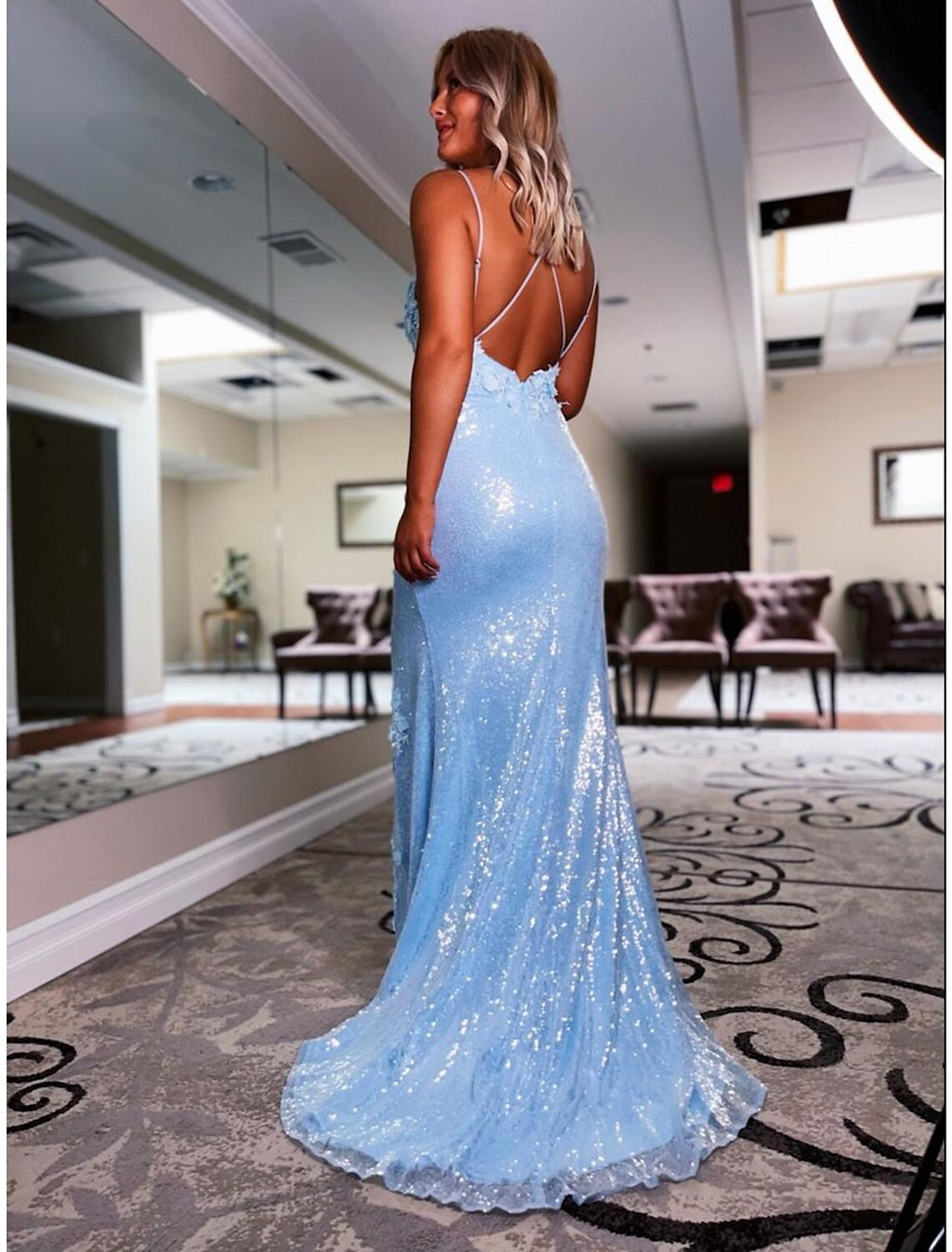 Sky Blue Sequin Mesh V-Neck Floor-Length Sheath/column Dress