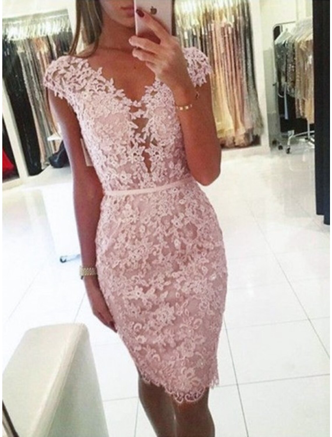 Sheath Party Dress Homecoming Dresses Floral Dress Holiday Graduation Short / Mini Sleeveless V Neck Pink Dress Lace with Appliques