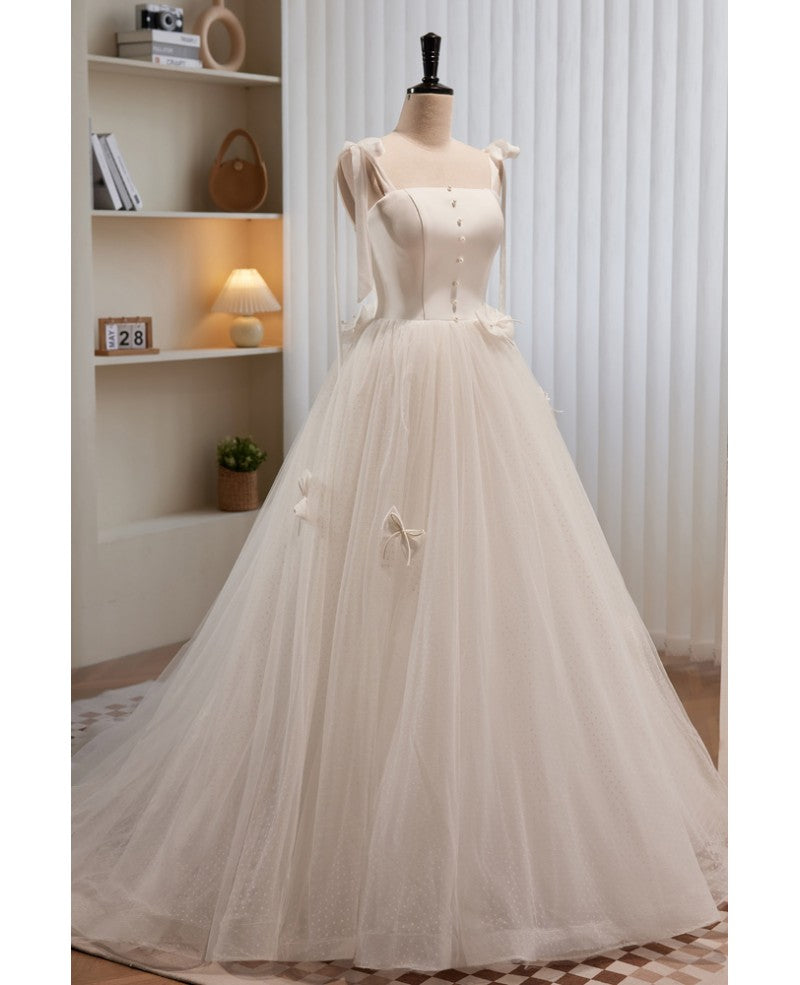 Noble and Unique White Pearl Sleeveless Off Shoulder Bow Ball Dress with White Thin Shoulder Strap Off Back Tie and Floor Length Tail Evening Dress