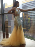 Sparkling Gold Sequin Halter Neckline Mermaid Floor-Length Dress