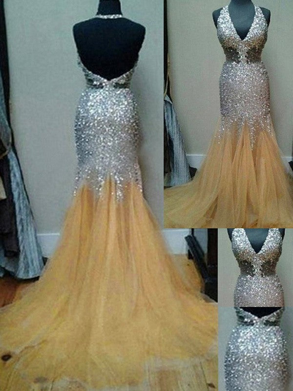 Vestidos de corte sirena/trompeta, sin mangas, de tul con lentejuelas y cola de corte