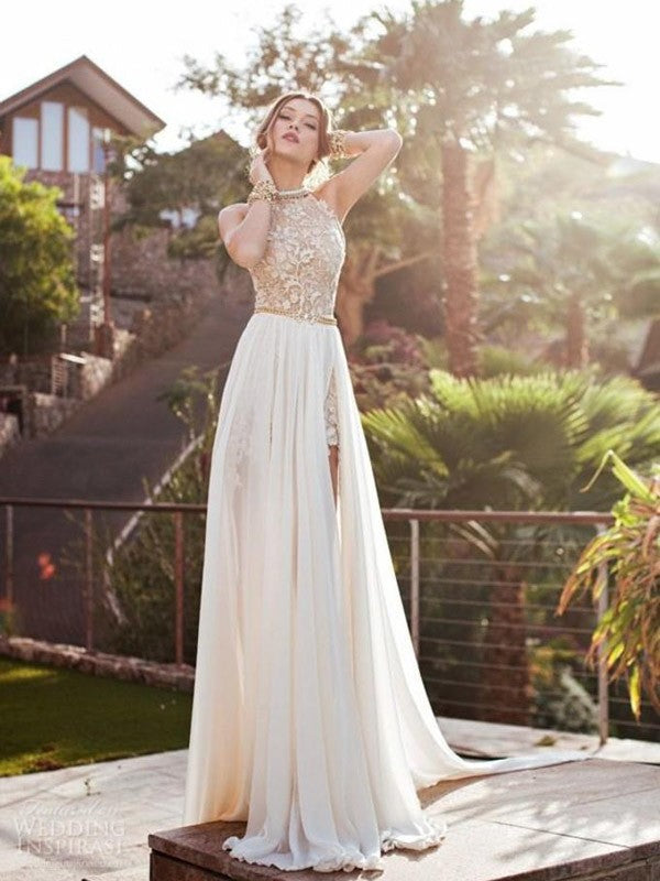 Ivory Chiffon A-Line Halter Floor-Length Dress with Embroidered Bodice & High Slit