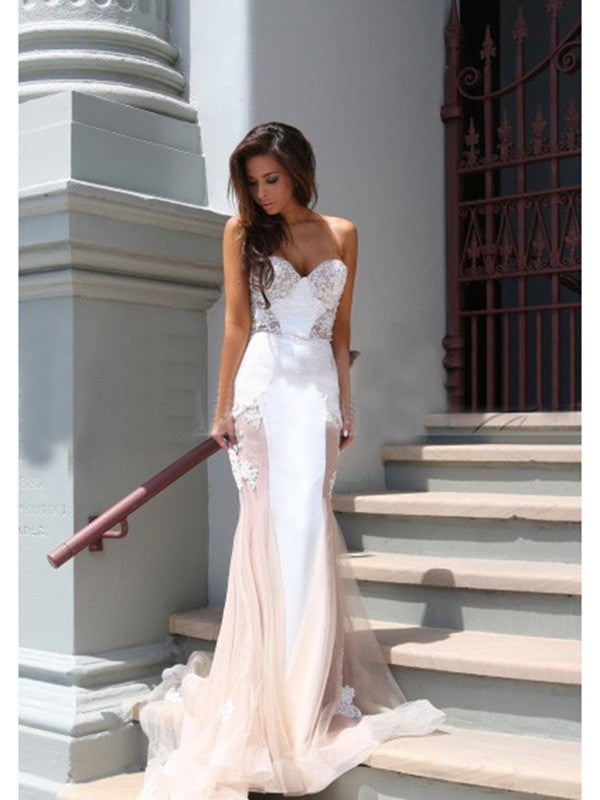 White Ombre Tulle Lace Sweetheart Mermaid Floor-Length Dress