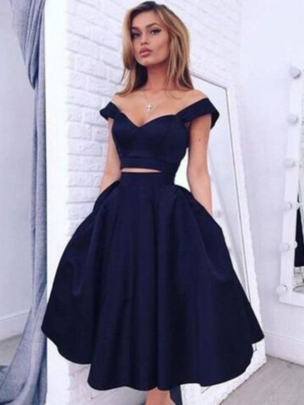 Dark Navy Satin A-Line Off-the-Shoulder Tea-Length Dress with Pockets