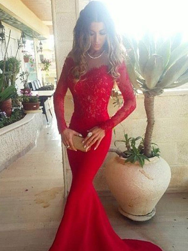 Trumpet/Mermaid Off-the-Shoulder Long Sleeves Lace Sweep/Brush Train  Woven Satin Dresses