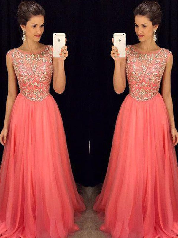 Vestidos de gasa con corte A/princesa, sin mangas, con cuentas y largo hasta el suelo