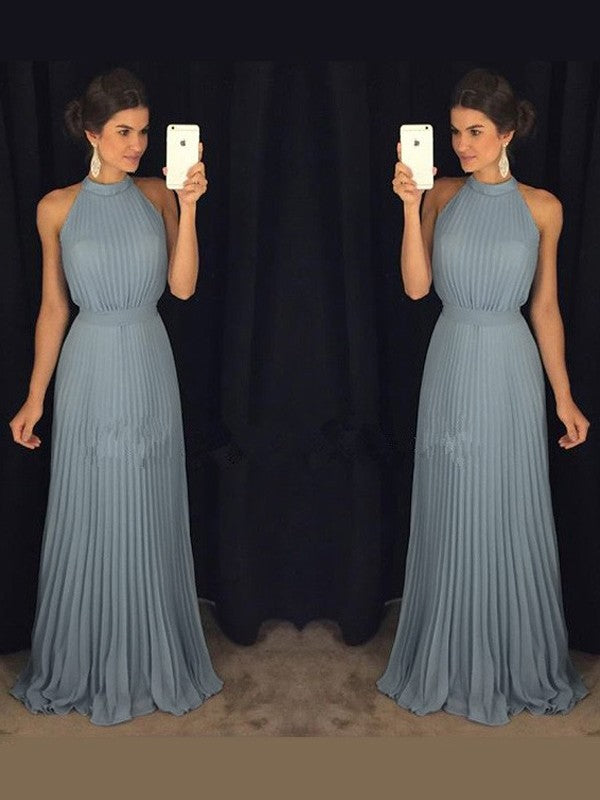 Dusty Blue Chiffon A-Line Halter neckline Floor-Length Bridesmaid Dress