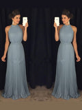 Dusty Blue Chiffon A-Line Halter neckline Floor-Length Bridesmaid Dress