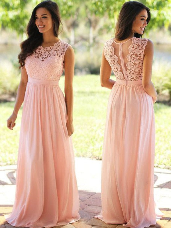 Blushing Pink Chiffon A-Line Floor-Length Bridesmaid Dress with Lace Bodice & Illusion Back