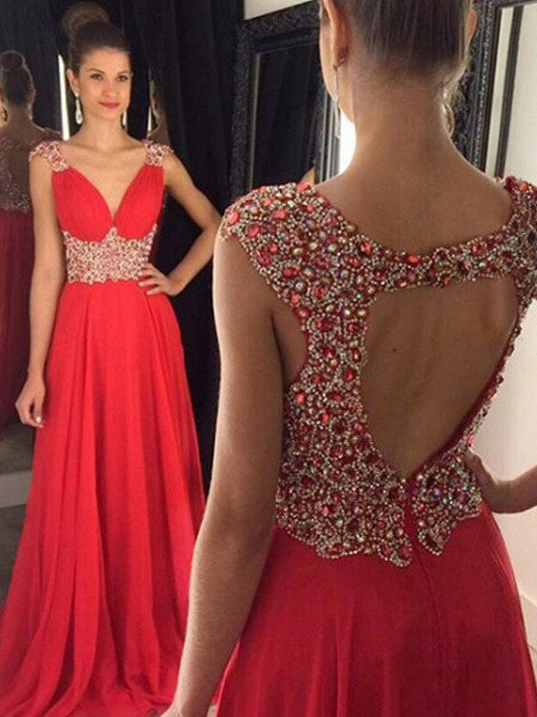 Vestidos de gasa de corte A/princesa, sin mangas, escote en V, con abalorios y cola larga