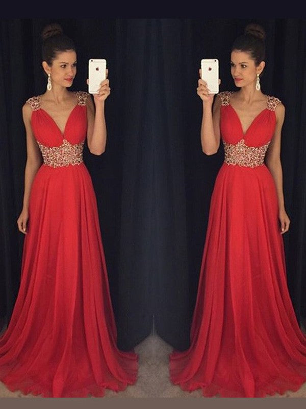 Vestidos de gasa de corte A/princesa, sin mangas, escote en V, con abalorios y cola larga