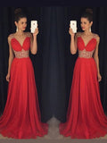 Vestidos de gasa de corte A/princesa, sin mangas, escote en V, con abalorios y cola larga