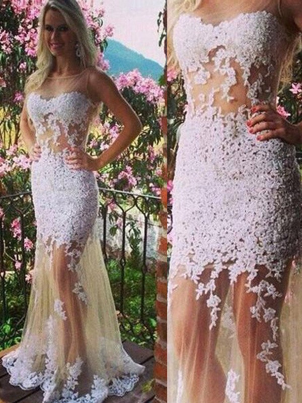 Ivory Lace Mermaid Floor-Length Boat Neck Bridesmaid Dress
