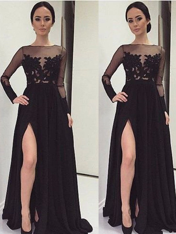Black Chiffon A-Line Floor-Length Evening Dress with Illusion Boat Neck & High Slit
