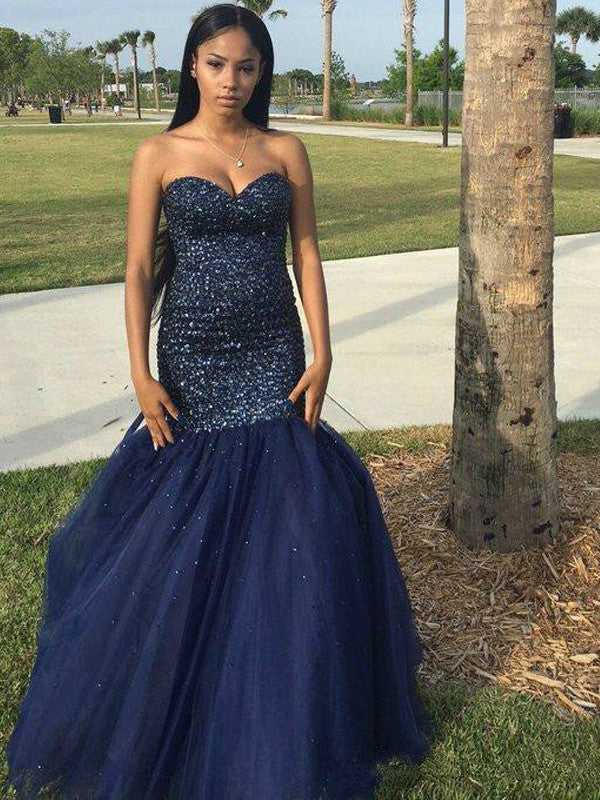 Royal Blue Sequin Tulle Mermaid Floor-Length Evening Dress
