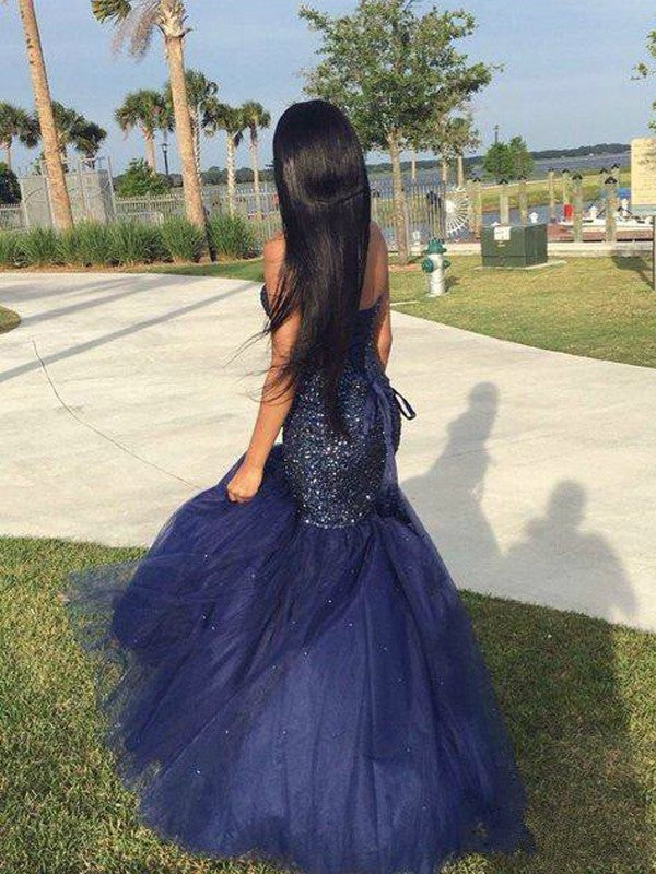 Royal Blue Sequin Tulle Mermaid Floor-Length Evening Dress