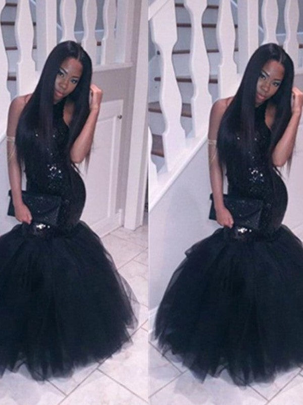 Black Sequin Halter Mermaid Floor-Length Evening Dress