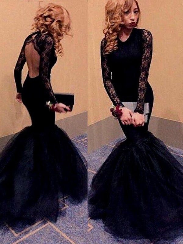 Black Lace Mermaid High Neck Backless Floor-Length Evening Dress